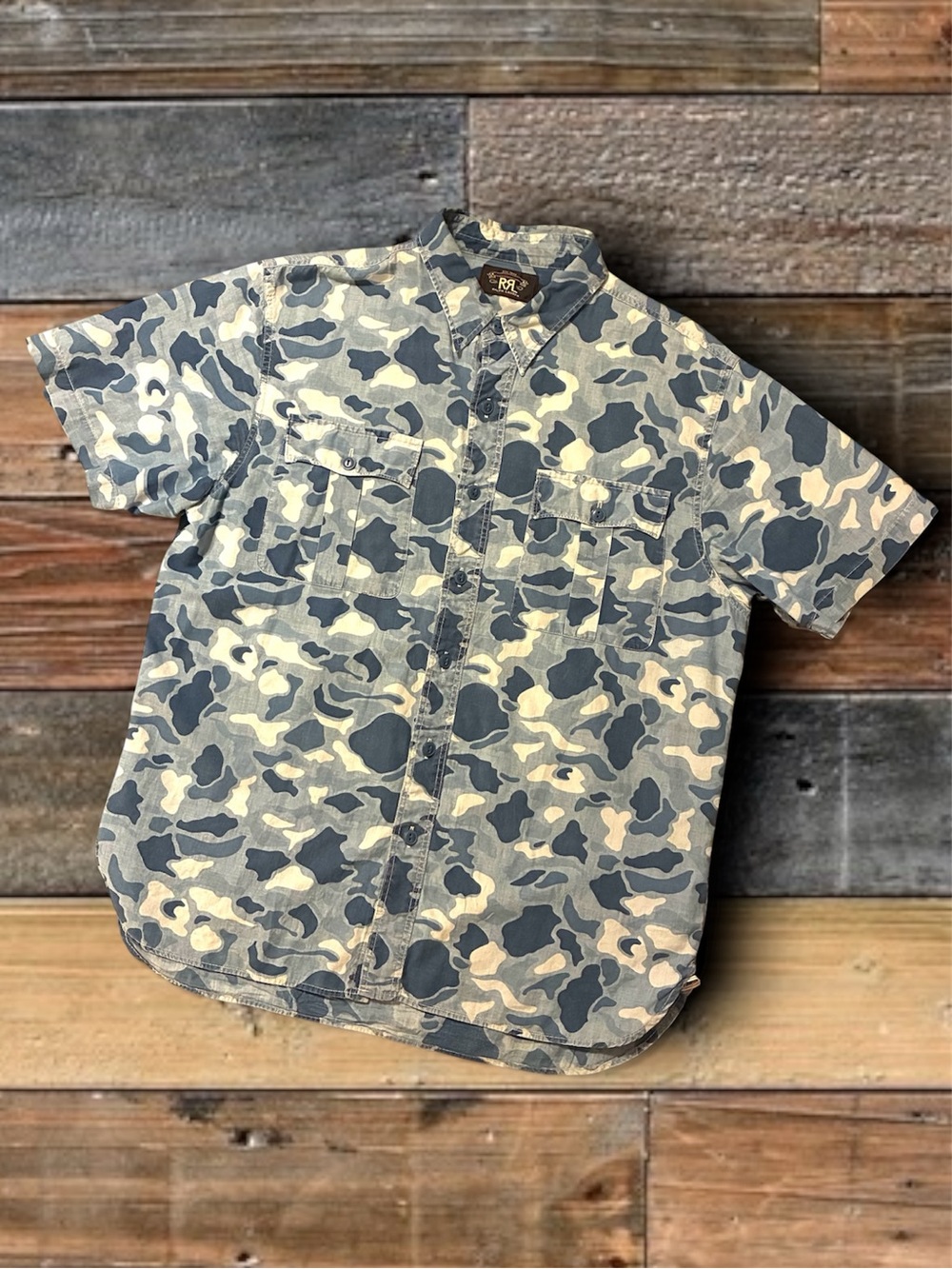 DOUBLE RL RALPH LAUREN RRL INDIGO DYED CAMOUFLAGE S/S SHIRT- SIZE LARGE
